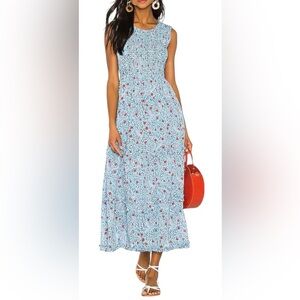 Banjanan Tiered Delph Bird Wave Blue Cotton Dress Size Medium